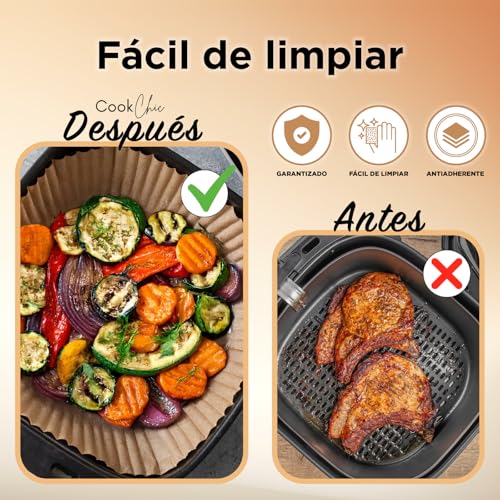 CookChic - Papel para Freidora Aire Cuadrado - 20 cm (50 Piezas) | Compatible con Freidora de Aire Cecotec y Freidora Aire Cosori 4-7L | Antiadherente, Resistente al Aceite, Libre de BPA