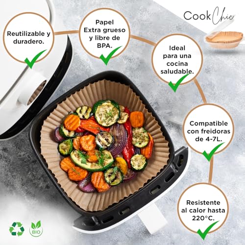 CookChic - Papel para Freidora Aire Cuadrado - 20 cm (50 Piezas) | Compatible con Freidora de Aire Cecotec y Freidora Aire Cosori 4-7L | Antiadherente, Resistente al Aceite, Libre de BPA