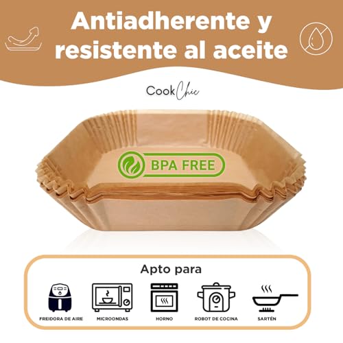 CookChic - Papel para Freidora Aire Cuadrado - 20 cm (50 Piezas) | Compatible con Freidora de Aire Cecotec y Freidora Aire Cosori 4-7L | Antiadherente, Resistente al Aceite, Libre de BPA