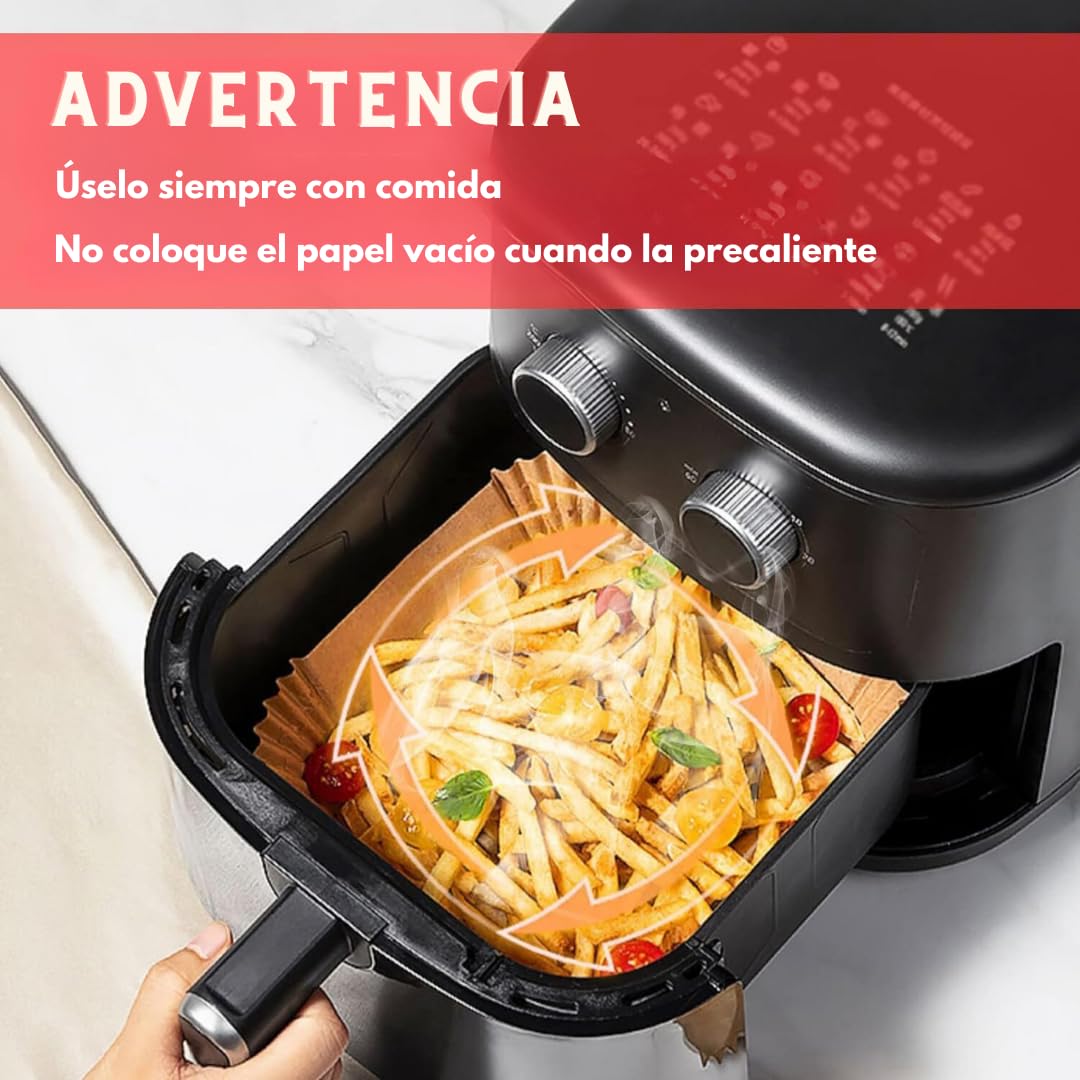 Papel cuadrado para Freidora Aire 16cm (100 Piezas) - Compatible con Cosori, Cecotec y Otras Freidoras de Aire 4-7L - Antiadherente, Resistente al Aceite, Libre de BPA - Incluye eBook de Recetas