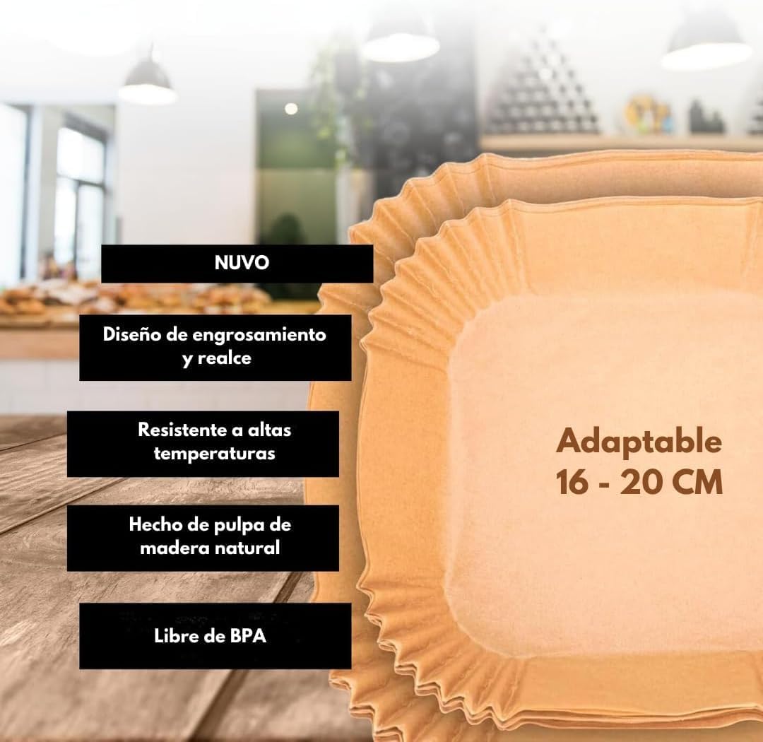 CookChic - Papel Cuadrado para Freidora Aire Premium 16 cm - 100 Piezas + eBook de Recetas | Molde Air Fryer | Compatible con Air Fryer Cecotec y Cosori 4-7L | Papel Air Fryer | Resistente al Aceite