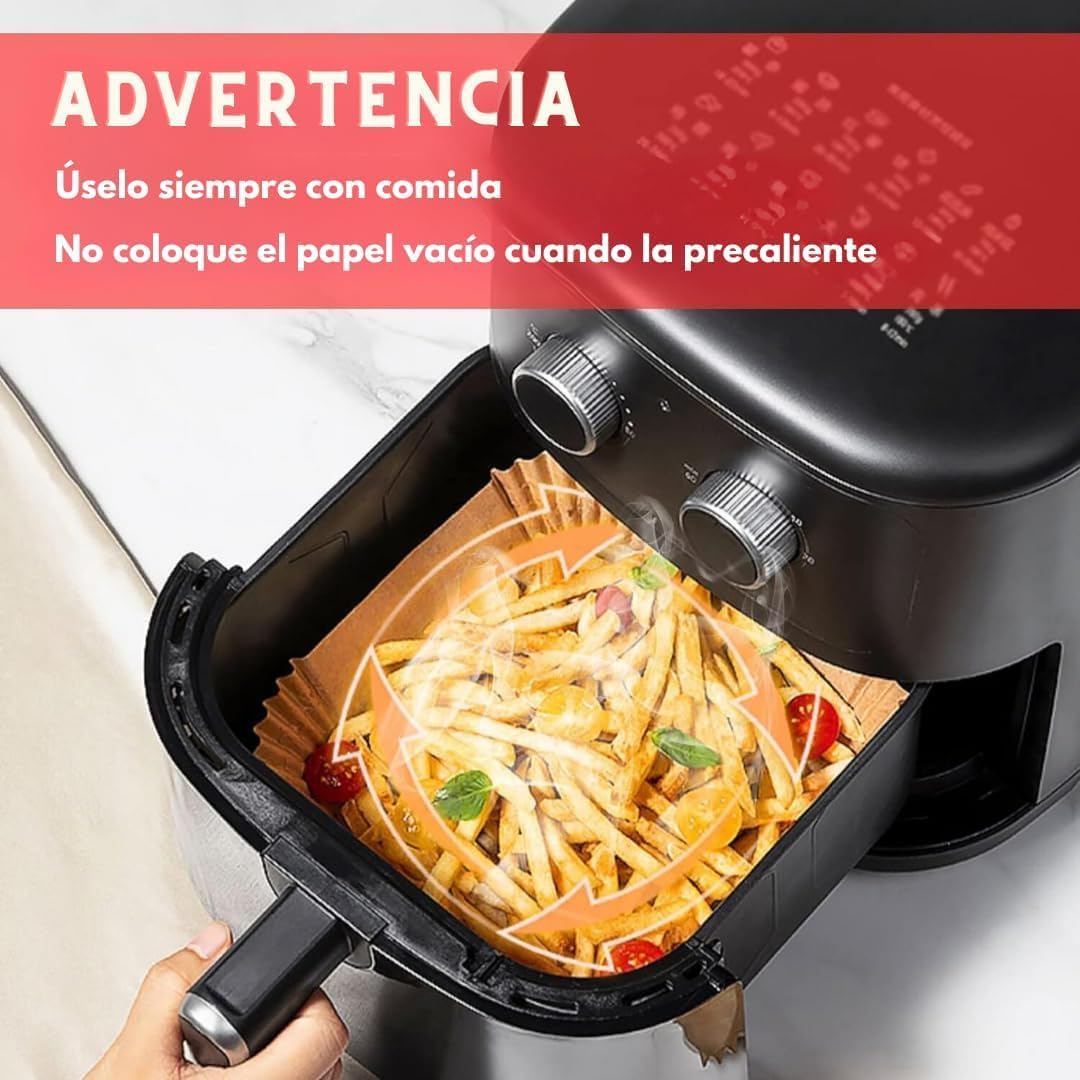 CookChic - Papel Cuadrado para Freidora Aire Premium 16 cm - 100 Piezas + eBook de Recetas | Molde Air Fryer | Compatible con Air Fryer Cecotec y Cosori 4-7L | Papel Air Fryer | Resistente al Aceite