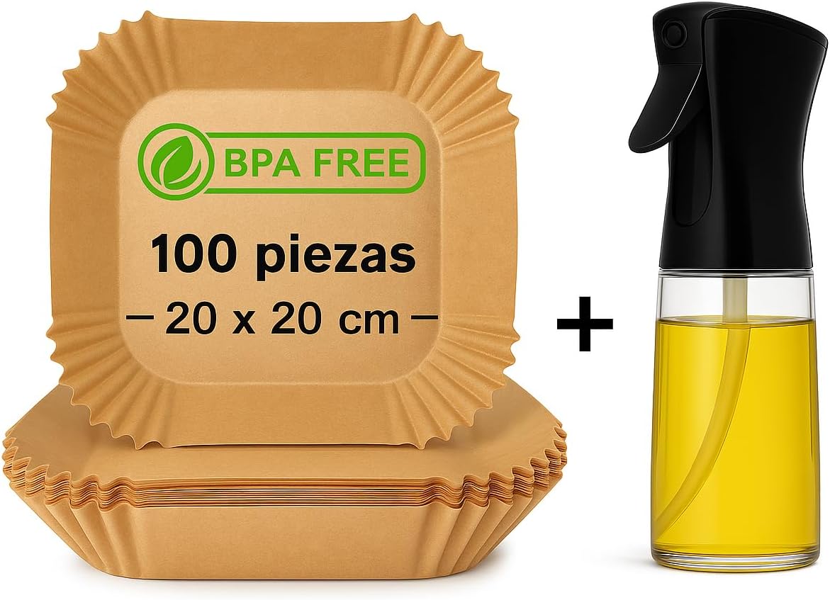 Kit Papel para Freidora de Aire Cuadrados 100 Unidades 20 cm + SPRAY Aceite Pulverizador 320 ml | Antiadherente,Resistente | Compatible con Cecotec y Cosori 4-7L| Incluye Ebook de Recetas