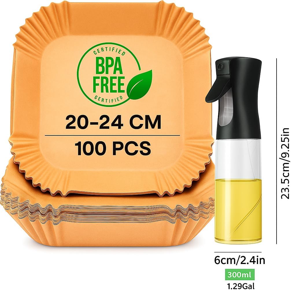 Kit Papel para Freidora de Aire Cuadrados 100 Unidades 20 cm + SPRAY Aceite Pulverizador 320 ml | Antiadherente,Resistente | Compatible con Cecotec y Cosori 4-7L| Incluye Ebook de Recetas
