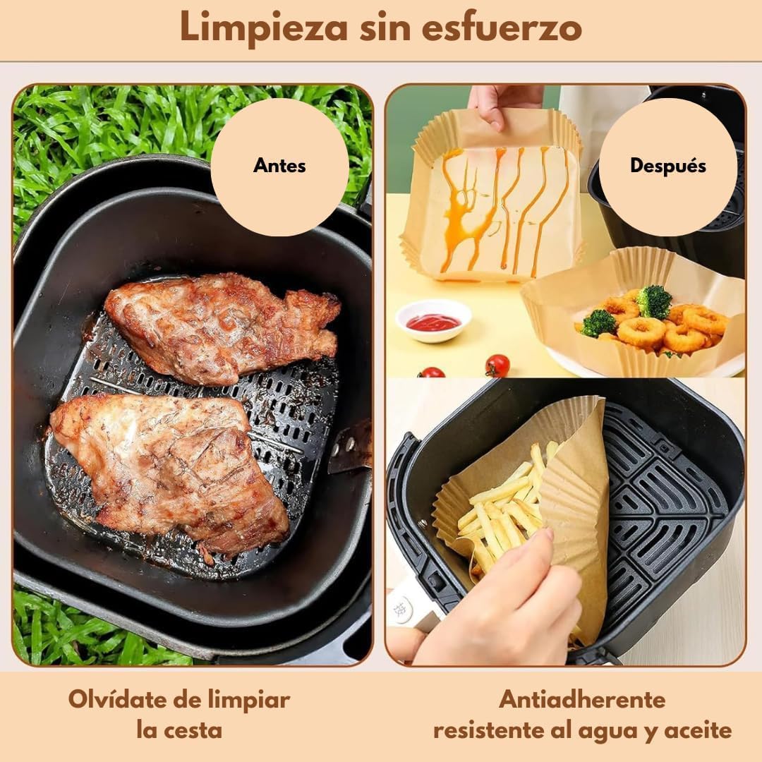 CookChic - Papel Cuadrado para Freidora Aire Premium 16 cm - 100 Piezas + eBook de Recetas | Molde Air Fryer | Compatible con Air Fryer Cecotec y Cosori 4-7L | Papel Air Fryer | Resistente al Aceite