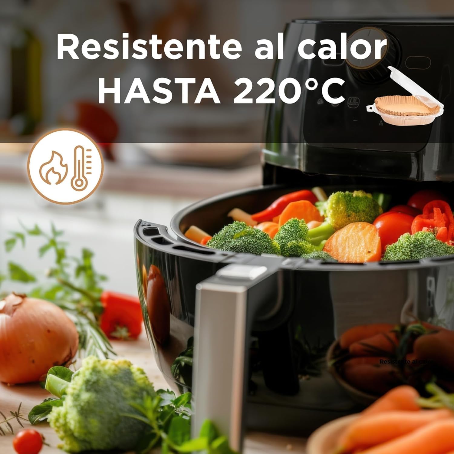 Kit Papel para Freidora de Aire Cuadrados 100 Unidades 20 cm + SPRAY Aceite Pulverizador 320 ml | Antiadherente,Resistente | Compatible con Cecotec y Cosori 4-7L| Incluye Ebook de Recetas