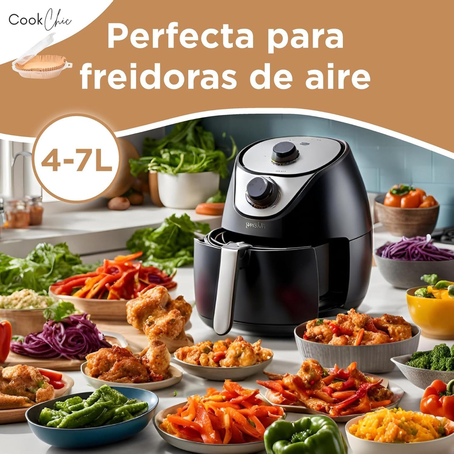 Kit Papel para Freidora de Aire Cuadrados 100 Unidades 20 cm + SPRAY Aceite Pulverizador 320 ml | Antiadherente,Resistente | Compatible con Cecotec y Cosori 4-7L| Incluye Ebook de Recetas