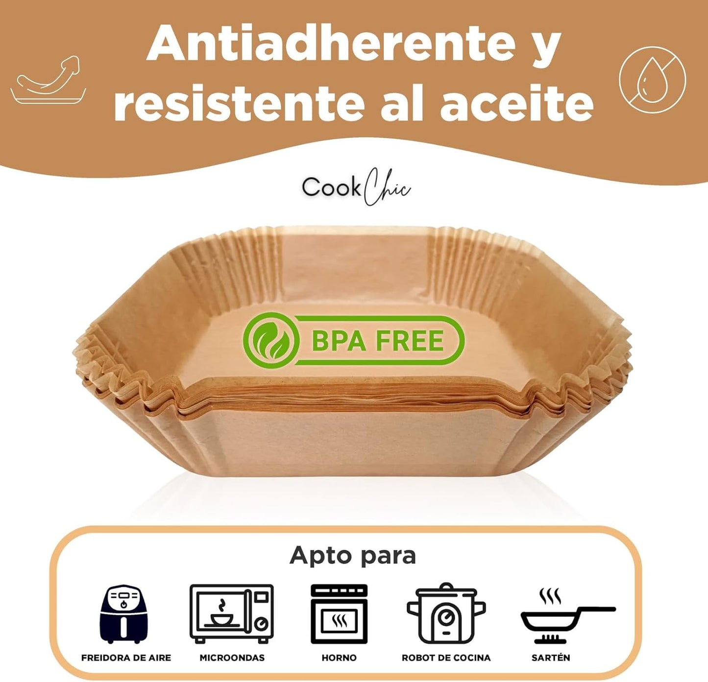 Papel Cuadrado para Freidora de Aire Premium 16 cm - 50 Piezas con eBook de Recetas | Compatible con Air Fryer Cecotec y Cosori 4-7L | Papel Resistente al Aceite