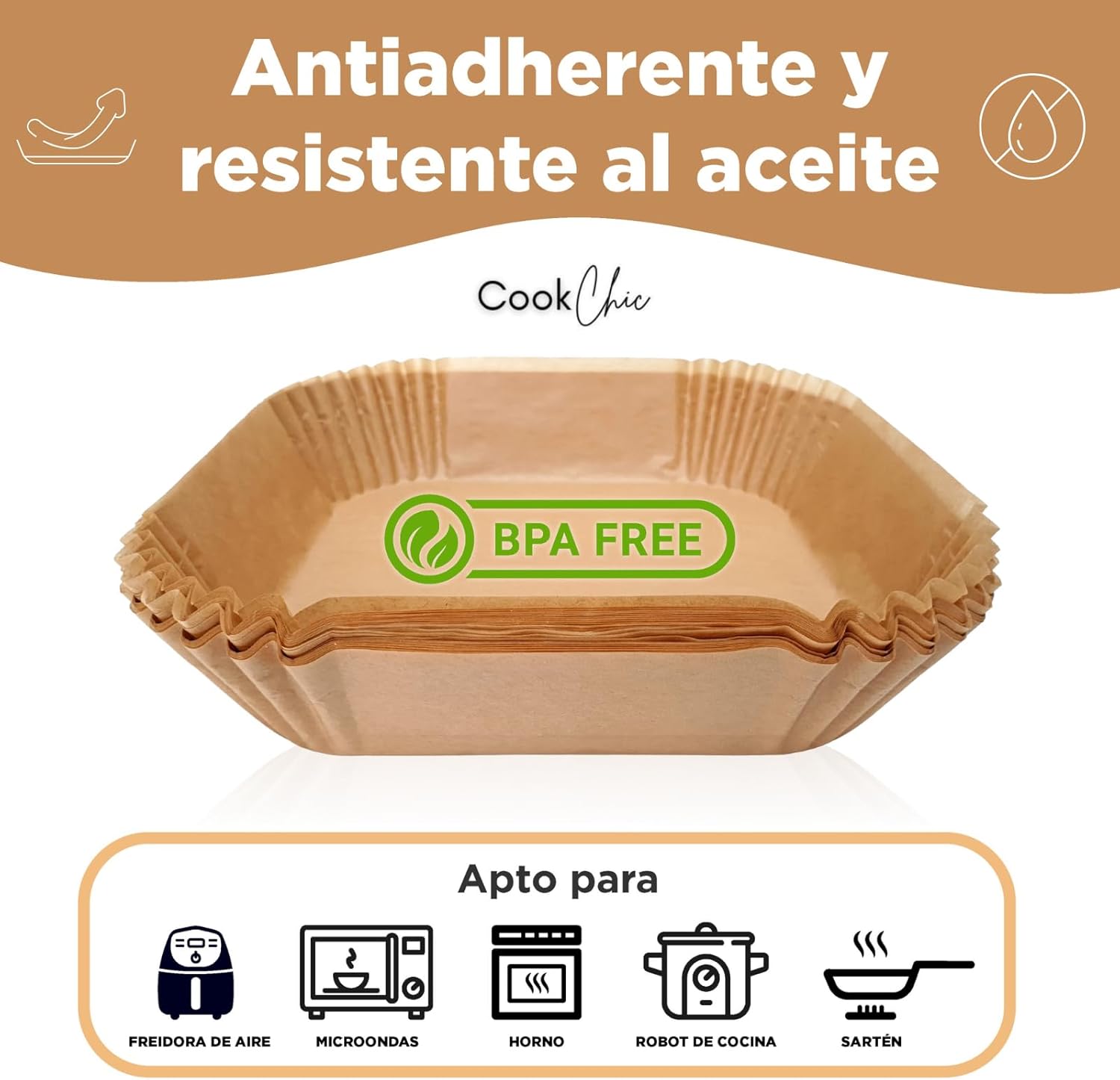 Papel Cuadrado para Freidora de Aire Premium 16 cm - 50 Piezas con eBook de Recetas | Compatible con Air Fryer Cecotec y Cosori 4-7L | Papel Resistente al Aceite