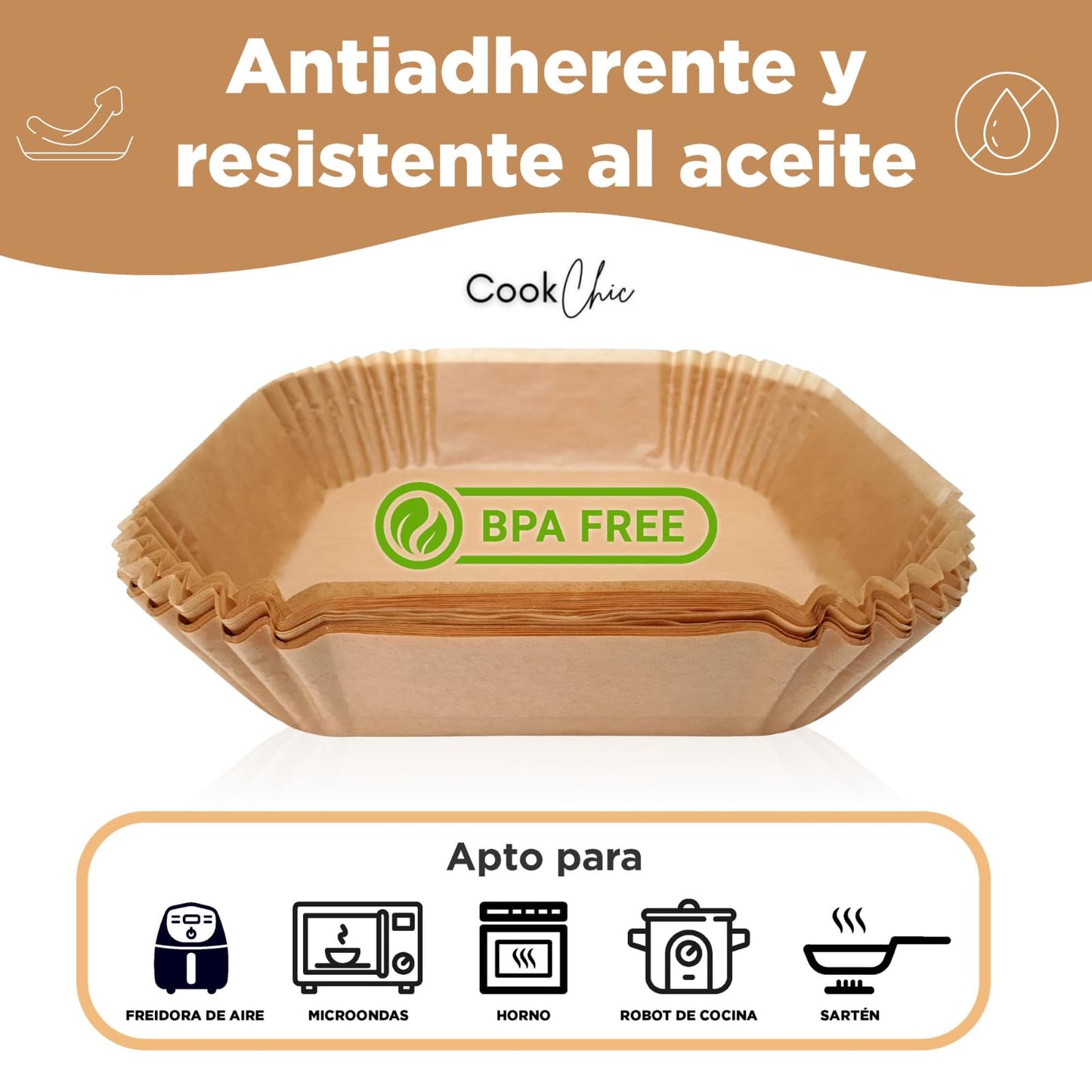 Papel cuadrado para Freidora Aire 20x20cm (50 Piezas) - Antiadherente y Resistente al Aceite, Libre de BPA - Compatible con Freidoras de Aire de 4-7L - Incluye eBook de Recetas