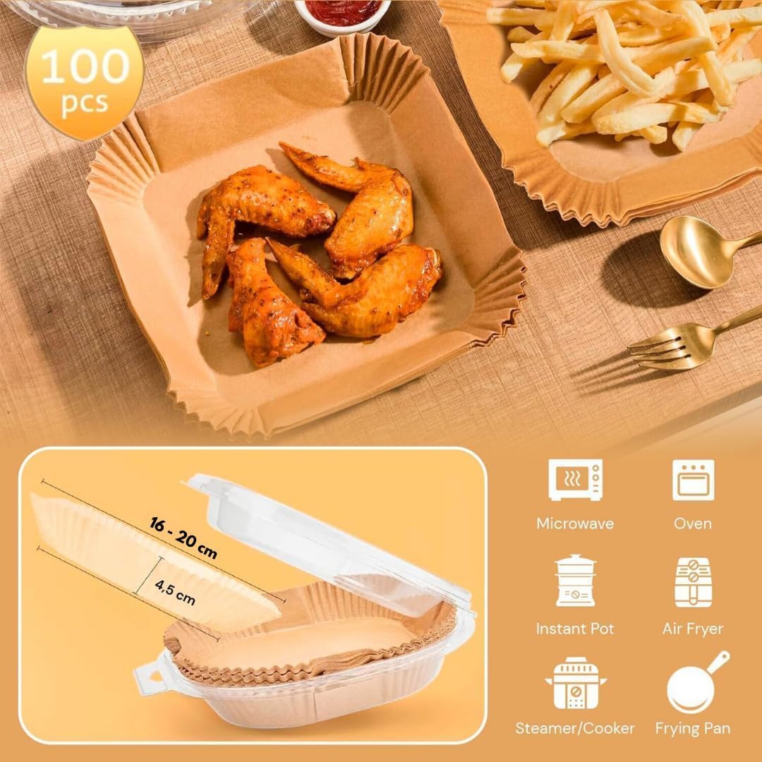 CookChic - Papel Cuadrado para Freidora Aire Premium 16 cm - 100 Piezas + eBook de Recetas | Molde Air Fryer | Compatible con Air Fryer Cecotec y Cosori 4-7L | Papel Air Fryer | Resistente al Aceite