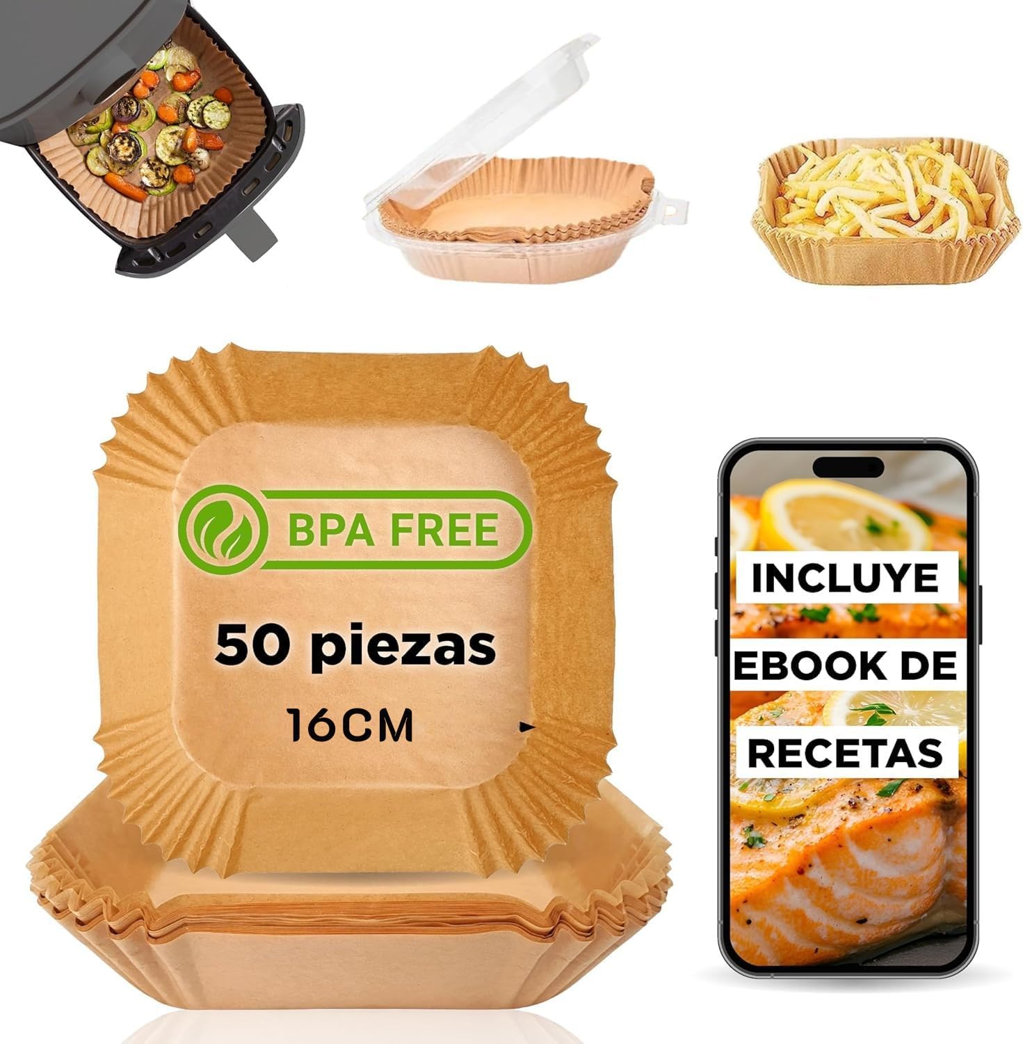 Papel Cuadrado para Freidora de Aire Premium 16 cm - 50 Piezas con eBook de Recetas | Compatible con Air Fryer Cecotec y Cosori 4-7L | Papel Resistente al Aceite