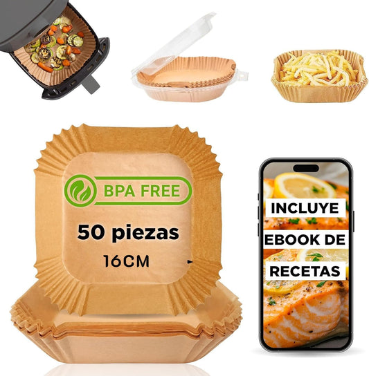 Papel Cuadrado para Freidora de Aire Premium 16 cm - 50 Piezas con eBook de Recetas | Compatible con Air Fryer Cecotec y Cosori 4-7L | Papel Resistente al Aceite