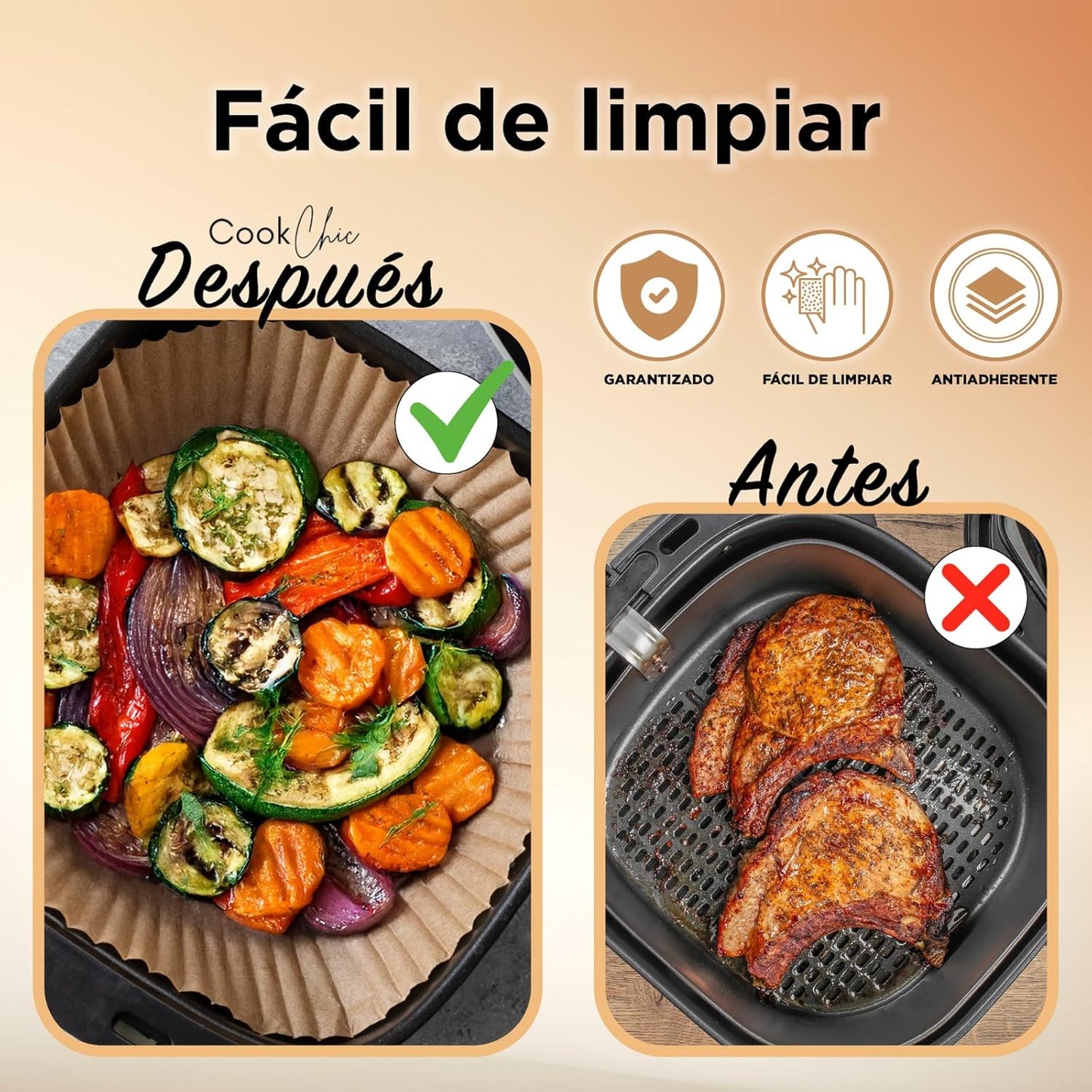 Papel Cuadrado para Freidora de Aire Premium 16 cm - 50 Piezas con eBook de Recetas | Compatible con Air Fryer Cecotec y Cosori 4-7L | Papel Resistente al Aceite