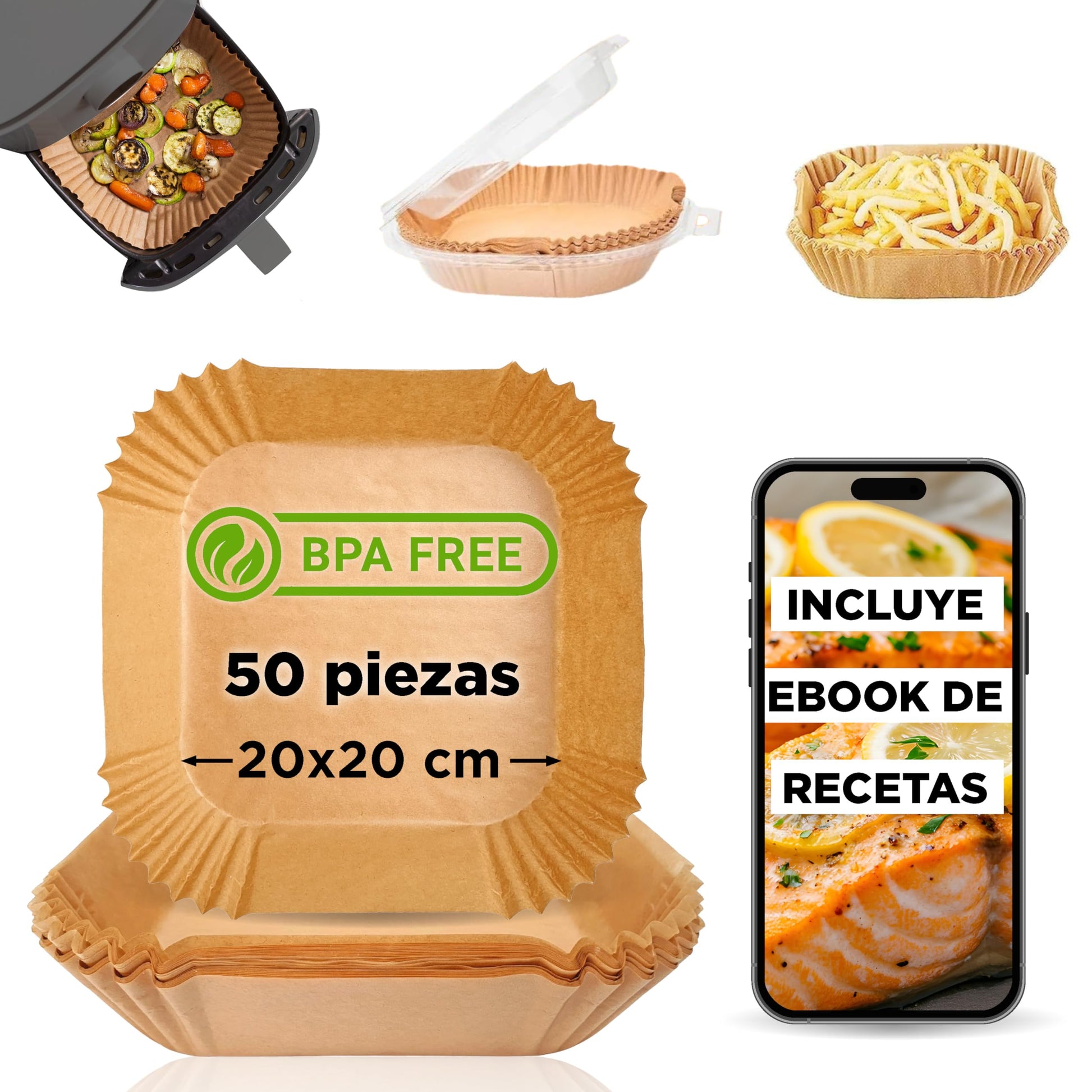 Papel Cuadrado para Freidora de Aire Premium 16 cm - 50 Piezas con eBook de Recetas | Compatible con Air Fryer Cecotec y Cosori 4-7L | Papel Resistente al Aceite