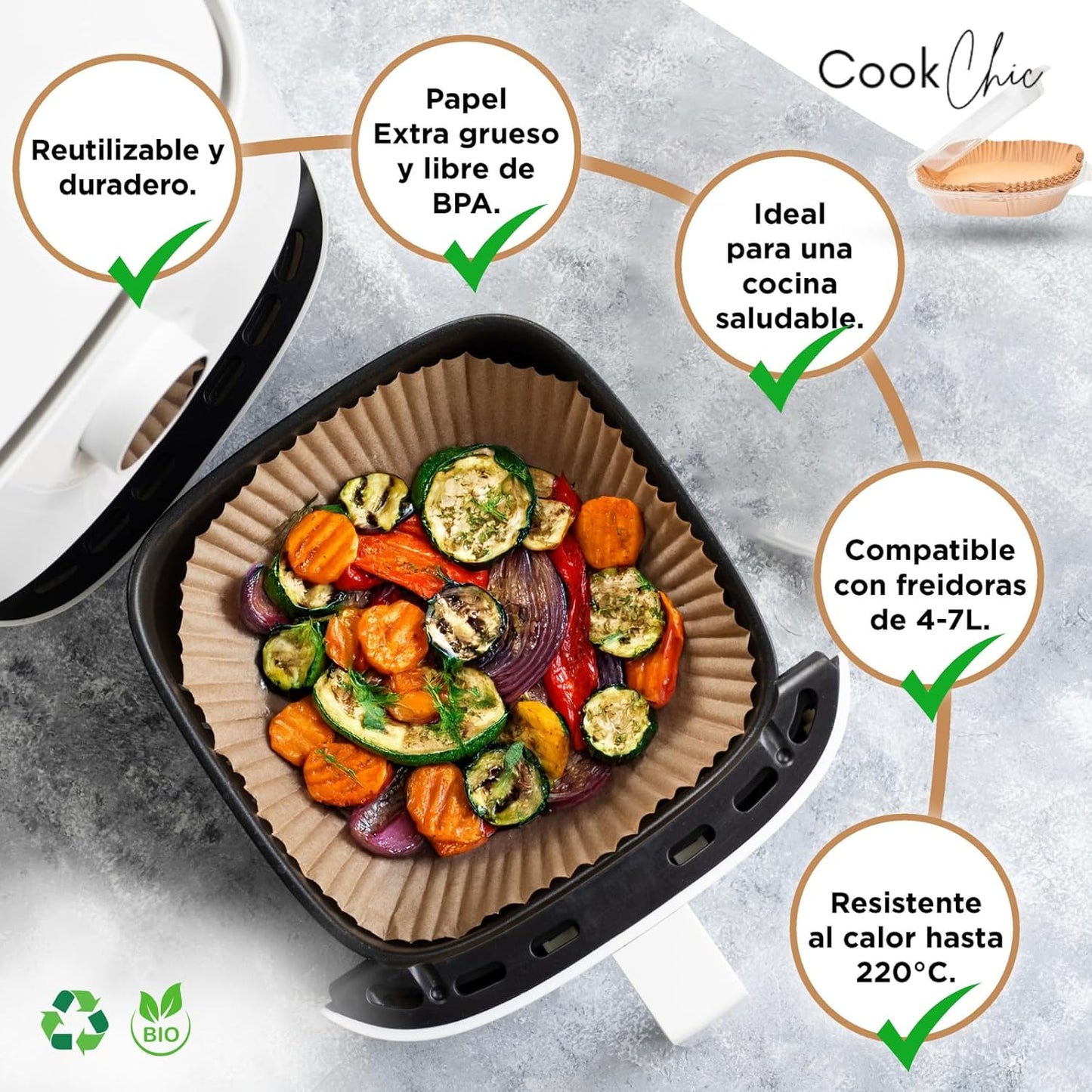 Papel Cuadrado para Freidora de Aire Premium 16 cm - 50 Piezas con eBook de Recetas | Compatible con Air Fryer Cecotec y Cosori 4-7L | Papel Resistente al Aceite